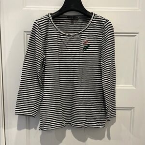 Black and White Striped Top with Floral Embroidery